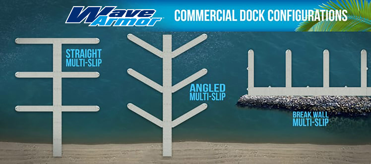 Wave Armor commercial dock configurations: straight multi-slip, angled multi-slip, and break wall multi-slip.
