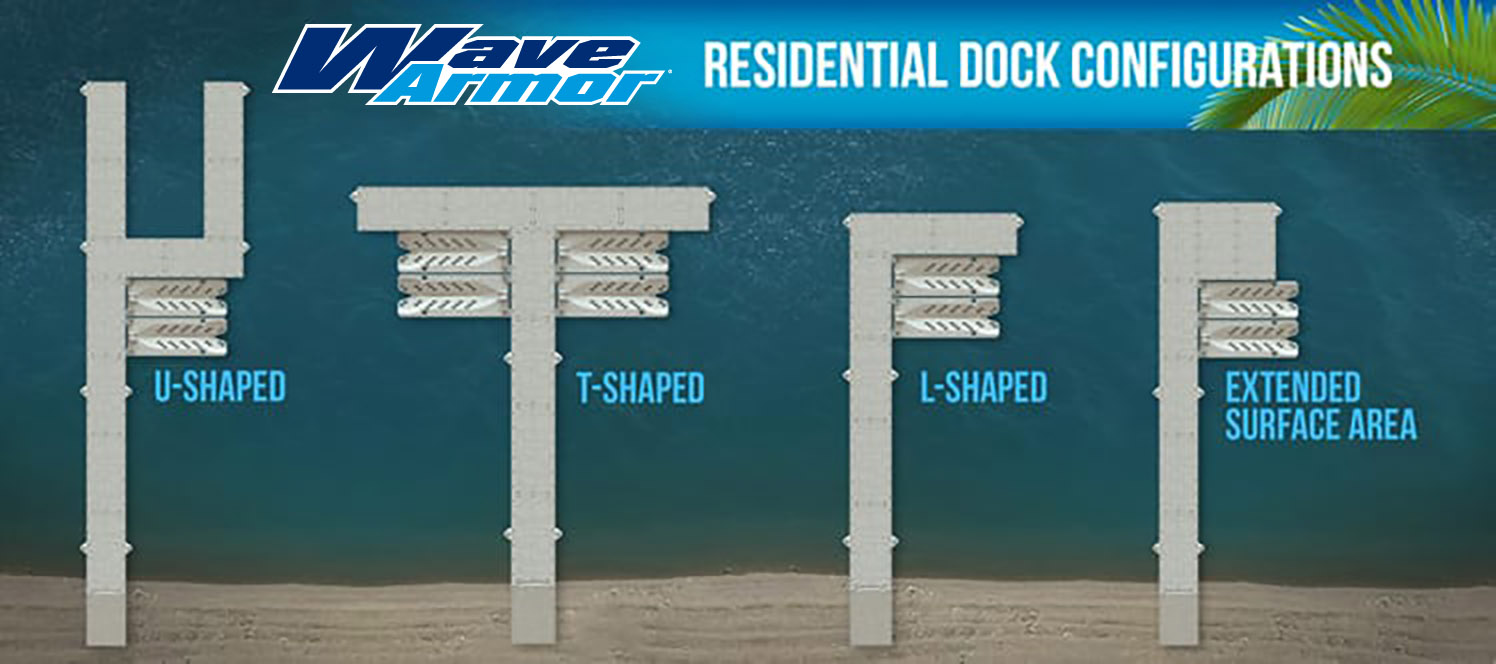 Wave Armor residential dock configurations: U-shaped, T-shaped, L-shaped, and extended surface area.